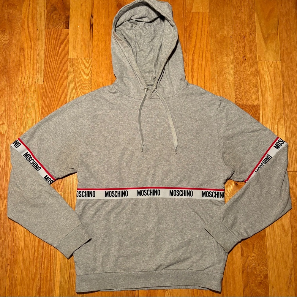 Moschino Gray Hooded Sweatshirt with Branded Tape